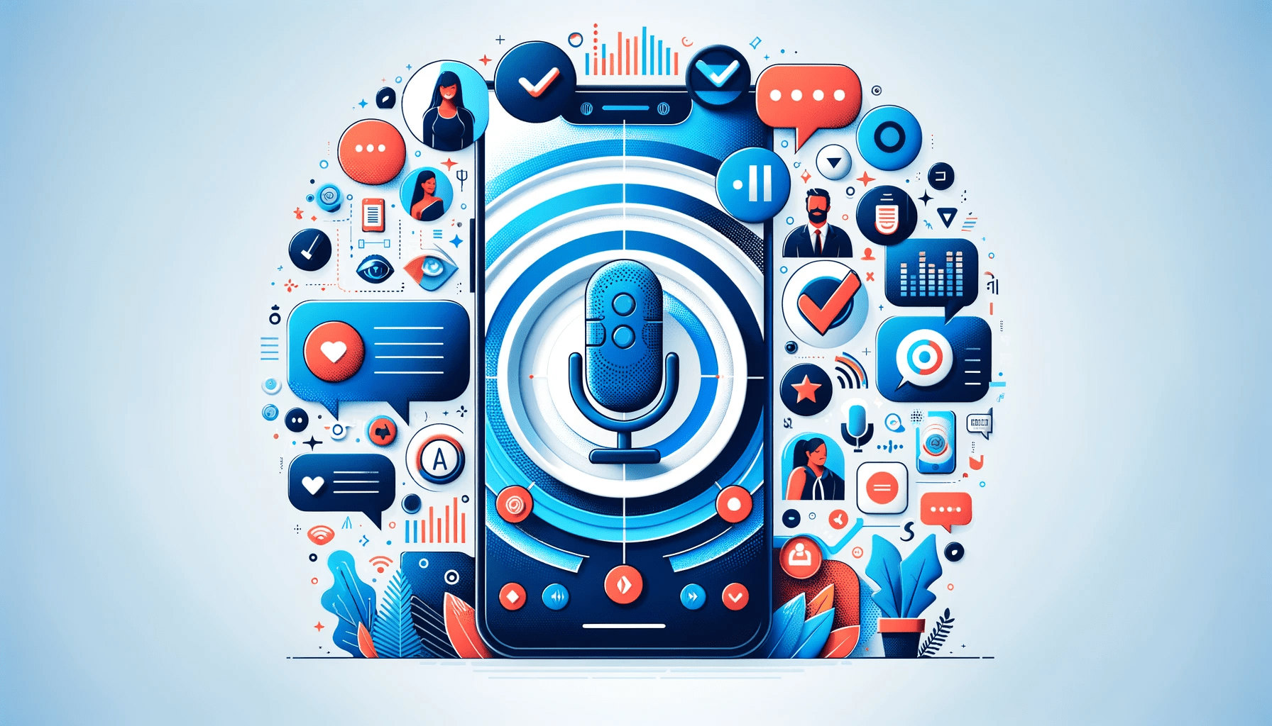 An engaging, wide-format image designed for a blog post about the Vozly app, showcasing the app's logo at the center with a microphone icon indicative of its speech-based functionality. Surrounding the logo are diverse illustrations of professionals using the app, along with graphics of sound waves, checkmarks, and voice command symbols that represent the app's task management features. The composition is set against a bright, technology-inspired backdrop, conveying a sense of vibrant efficiency and modern appeal.