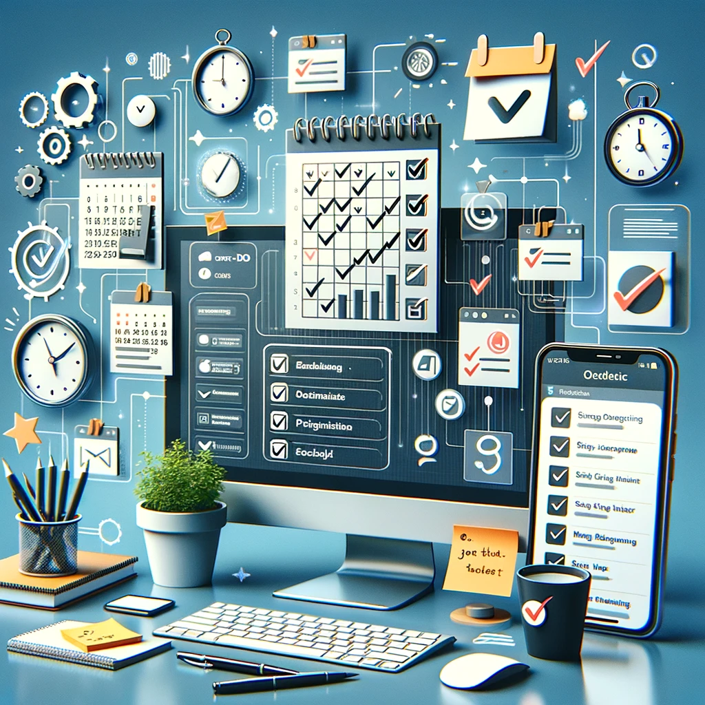 The image showcases a modern workspace with a digital planner and a to-do list displayed on a computer screen, alongside a smartphone showing notifications from the Vozly app. It includes elements like checkmarks, sticky notes, and a calendar, symbolizing the comprehensive aspects of task management such as setting deadlines, prioritizing tasks, and marking completed activities. The design conveys a sense of control and accomplishment, highlighting the streamlined and effective way tasks can be managed in the digital age. Managing Tasks