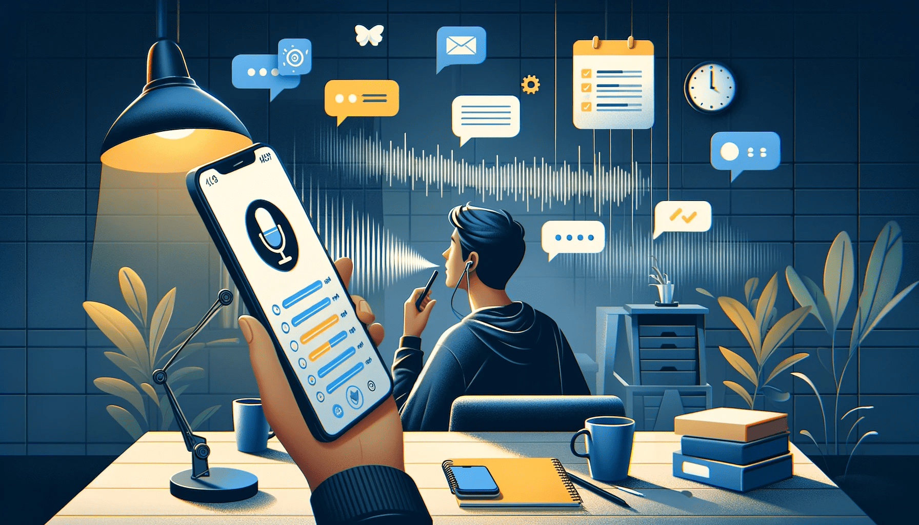 A serene office setting at night with a person using the Vozly app on their smartphone to manage tasks through voice commands. The app interface is clearly displayed on the screen, with sound waves illustrating the speech-to-text feature. Floating around the user are graphical icons representing task checklists, email notifications, and reminders, symbolizing the app's organizational capabilities. The ambient lighting and plants indicate a stress-free environment, underscoring the app's role in facilitating a calm and organized approach to task management