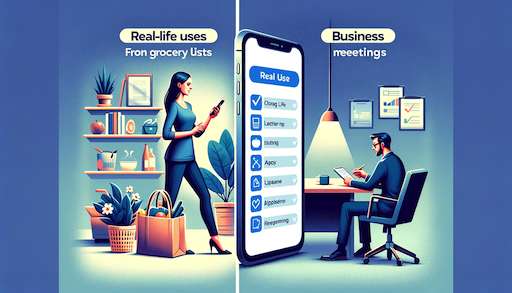 A split-scene image depicting the versatile use of the Vozly app in different settings. On one side, a person in a casual home environment is creating a grocery list using Vozly on their smartphone, symbolizing the app's utility in personal life. On the other side, a professional in a formal meeting room is seen organizing a business meeting with the app, showcasing its effectiveness in a corporate context. This visual highlights the app's adaptability and functionality in diverse real-life scenarios, from everyday personal tasks to critical business operations. they both use voice to text technology.