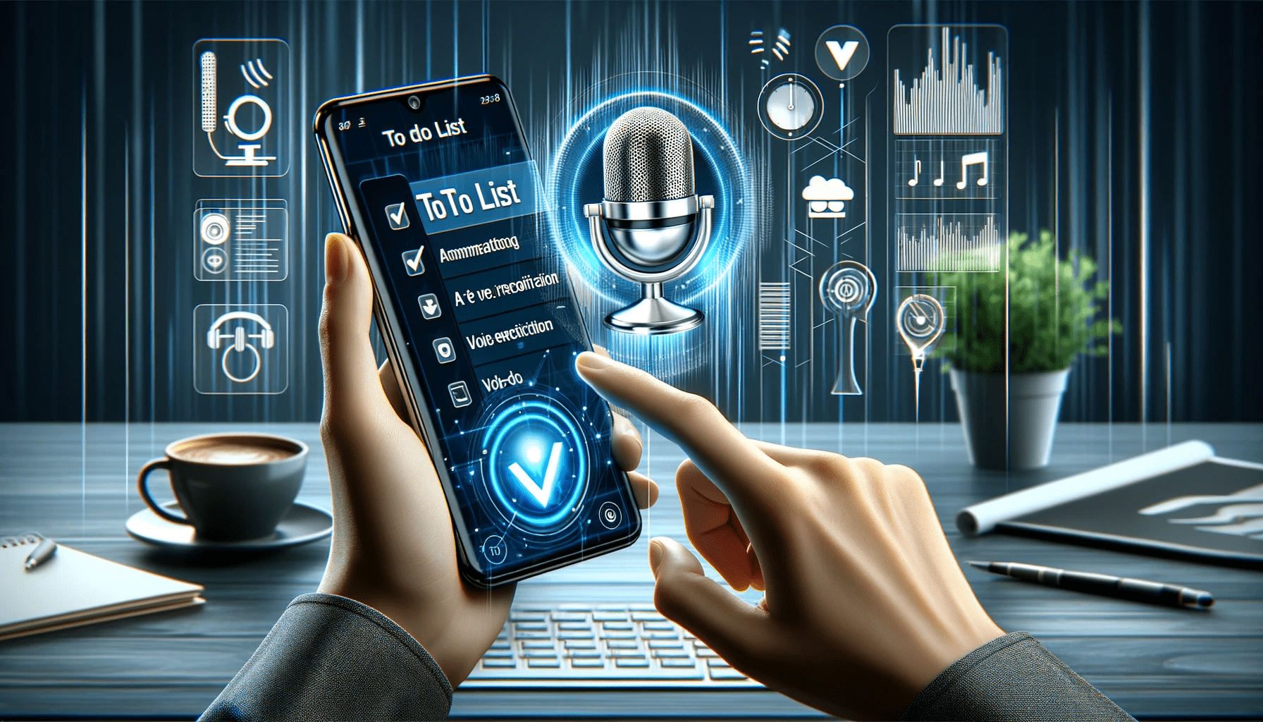 A modern workspace with a user interacting with their smartphone, displaying the Vozly app's voice-activated to-do list. The image highlights sound waves and a microphone icon, symbolizing the app's voice recognition feature. The sleek, technology-oriented background reflects the innovative nature of Vozly, emphasizing its impact on enhancing productivity and task management.