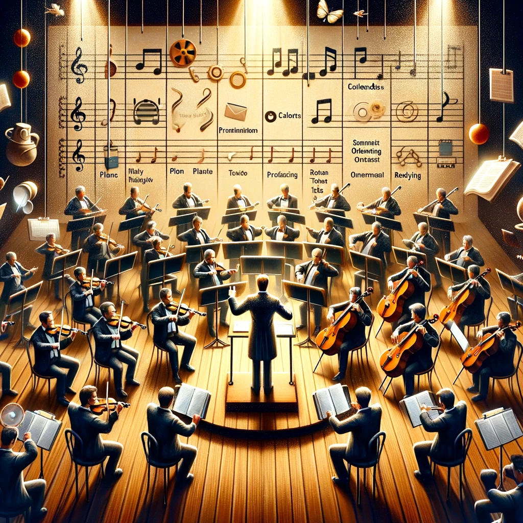 The image captures a conductor standing before an orchestra, each musician symbolizing a different facet of task management, such as planning, prioritizing, executing, and reviewing progress. Instruments represent various tools and strategies like calendars, to-do lists, and productivity apps. This creative depiction conveys harmony and precision, illustrating the idea that effective task management is akin to orchestrating a symphony, where every element contributes to achieving a beautiful, productive melody.