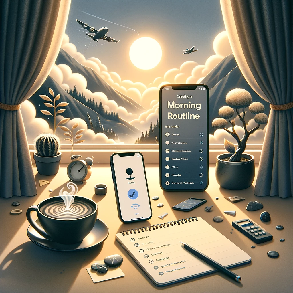 The image captures a serene morning routine, with an individual using the Vozly voice-activated task management app to organize their day. In the foreground, a smartphone displays the Vozly interface, surrounded by elements of a calm morning setting, including a steaming cup of coffee and a notepad. This scene embodies a peaceful start to the day, where technology and tranquility merge to facilitate a productive and organized morning.