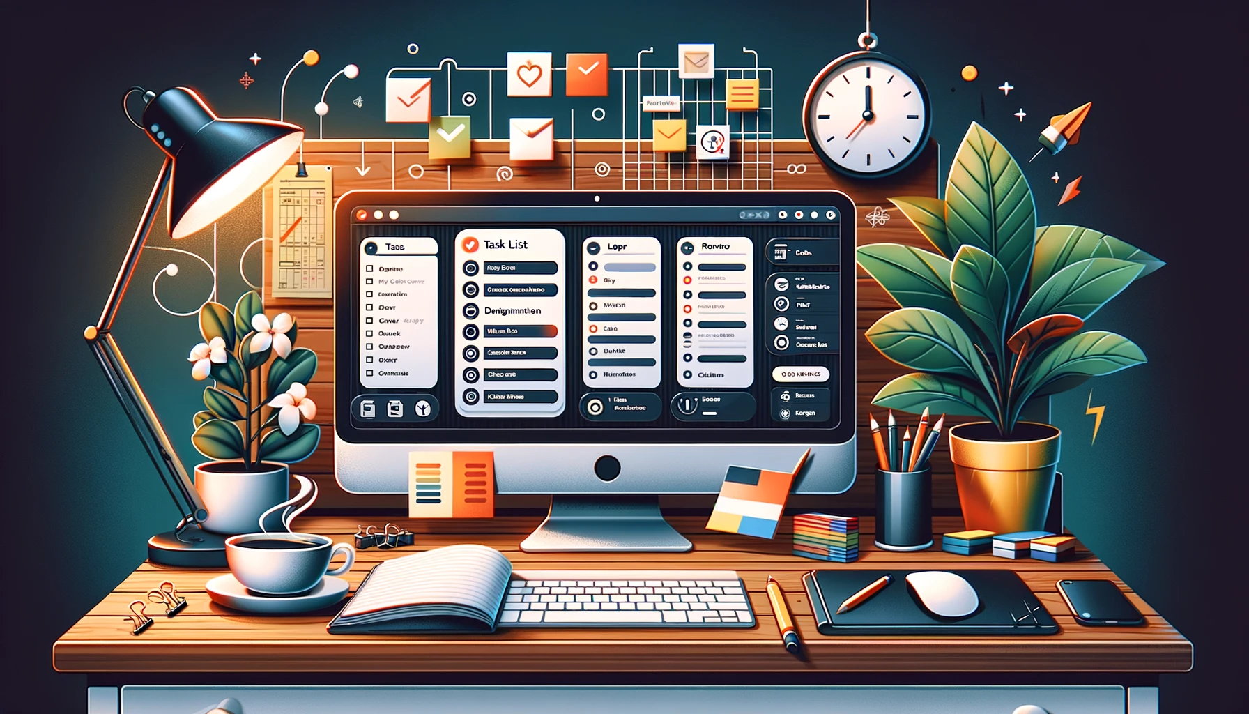 A visually compelling image of a modern and organized workspace, featuring a computer displaying a task management app like Vozly. The screen shows task lists, reminders, and calendar integration. Accompanying elements include a notepad, a cup of coffee, and a vibrant plant, symbolizing a productive and healthy work environment. The overall aesthetic conveys efficiency, organization, and the effectiveness of task management tip.