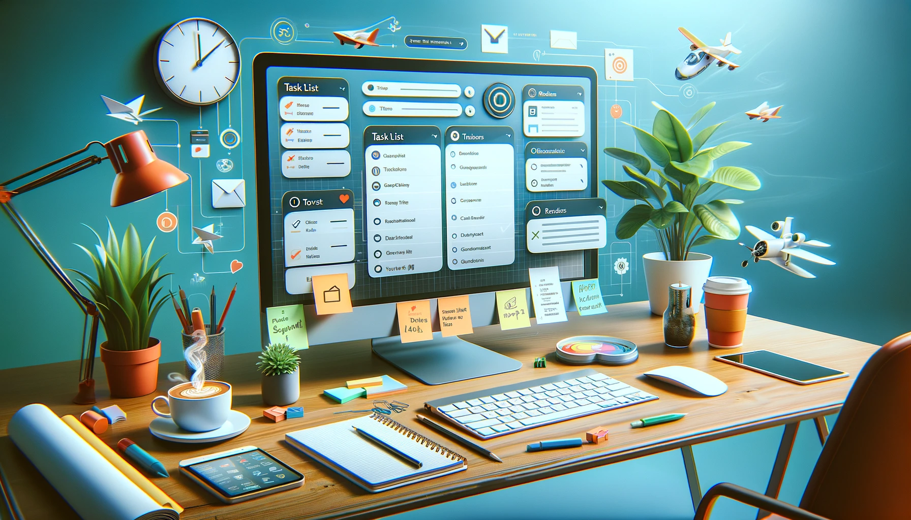 An organized and efficient workspace showcasing a task management setup. A computer screen displays the Vozly app with features like task lists, reminders, and calendar integration clearly visible. The desk is complemented by a notepad, a cup of coffee, and a vibrant plant, symbolizing a productive and healthy working environment. The overall setup reflects an atmosphere of structured efficiency and effective task management, ideal for navigating a busy bucket list.