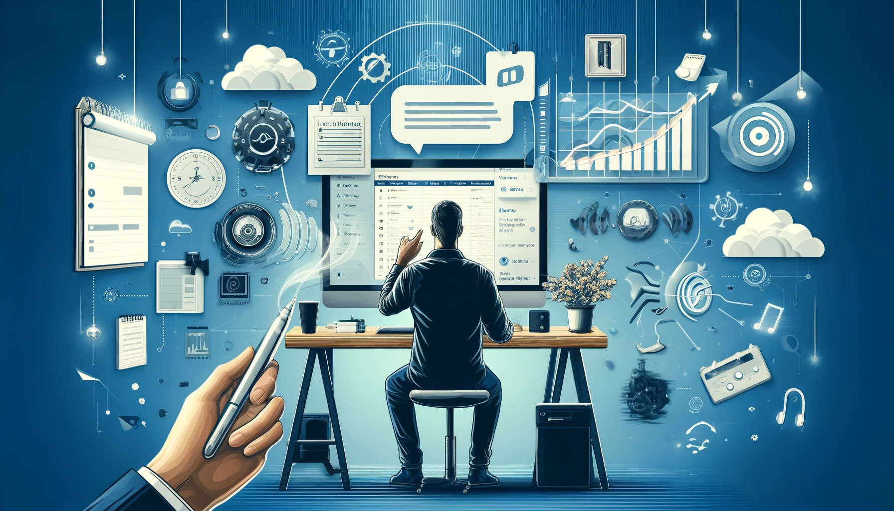 The image illustrates a dynamic work environment where an individual is utilizing the 'Voice Memos' feature in Vozly to enhance productivity and organization. The person is captured speaking into their device, surrounded by a well-organized desk with a computer screen displaying digital calendars and task lists. Visual cues like sound waves emanate from the device, symbolizing the voice input being transformed into actionable tasks through Vozly. The overall design underscores the efficiency, innovation, and clarity that 'Voice Memos' bring to modern task management.