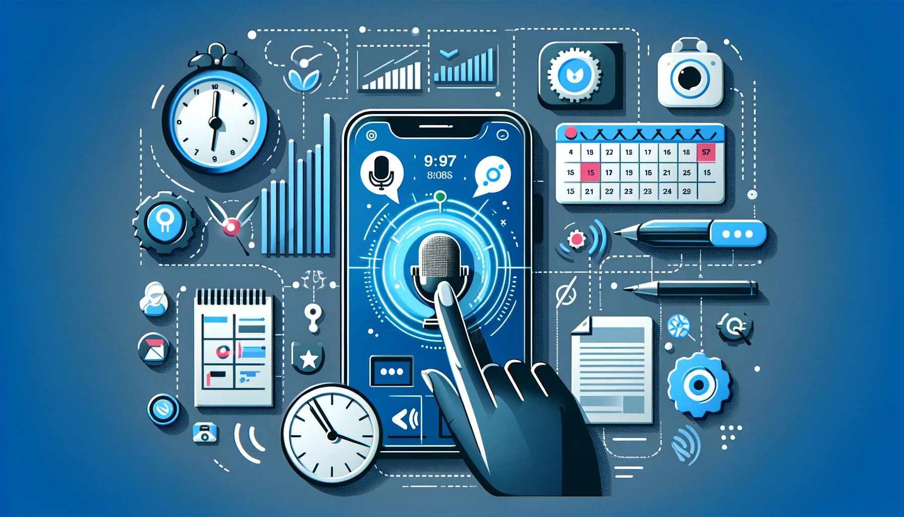 An illustration of a person using the Vozly app on a smartphone with voice commands for maximizing productivity. Voice waves emanate from the device, indicating voice interaction. Background elements include a clock, calendar, and organized tasks, symbolizing productivity and efficiency through voice-activated task management.