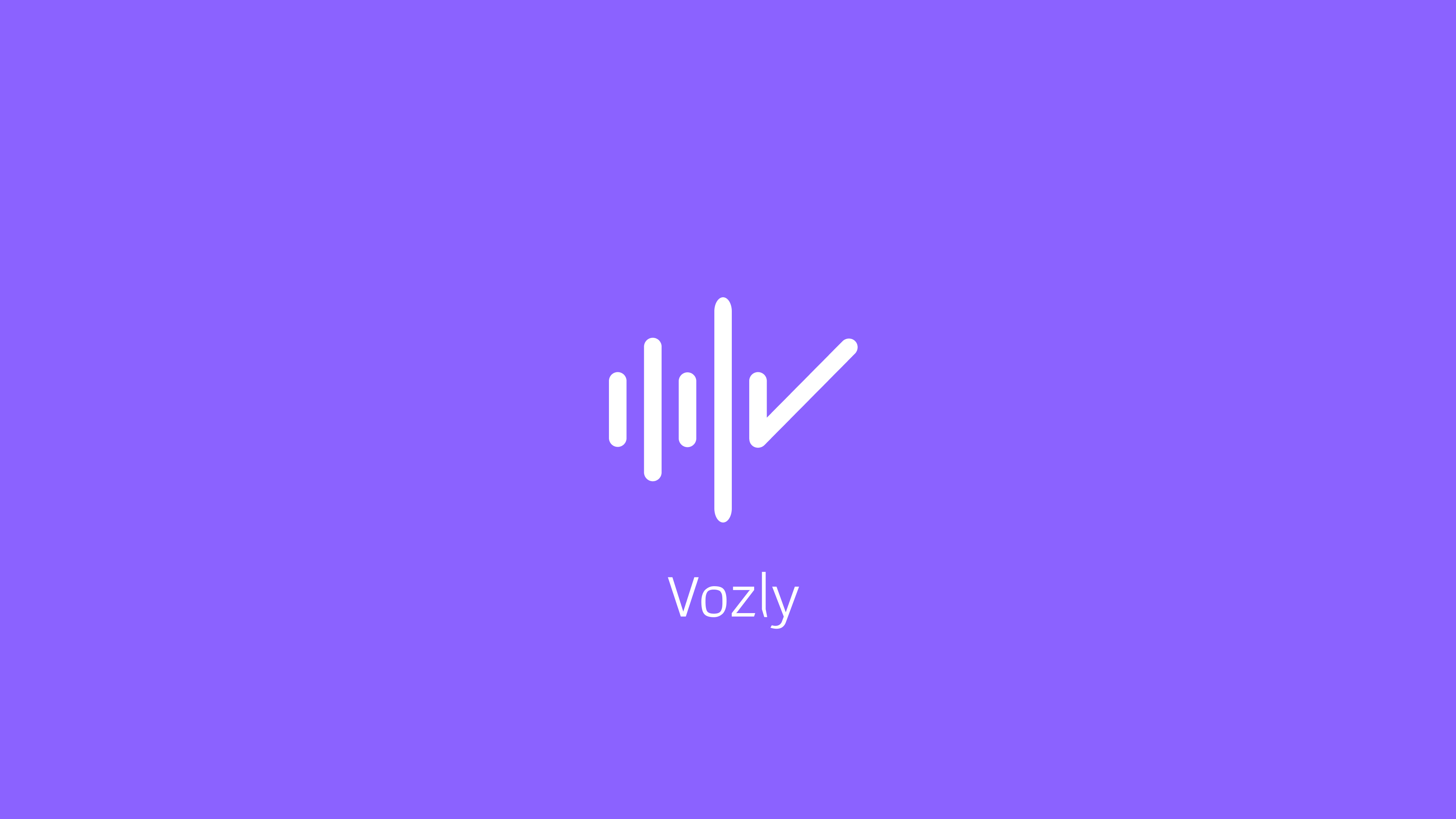 This image features a logo for "Vozly" set against a solid purple background. The logo design consists of a white stylized line graph that resembles a sound wave or audio level, which forms a check mark on the right side. Below the graphic, the word "Vozly" is written in white, modern, sans-serif typography. The overall design conveys a sense of audio technology and efficiency, emphasized by the check mark which suggests correctness or approval. Voice to text to do list Vozly. Speech to text to do list Vozly.