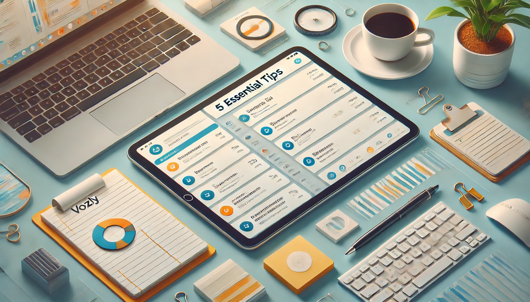 An image depicting a modern and organized workspace, featuring a digital device displaying the Vozly app interface, which shows to do list neatly categorized and prioritized. The scene includes a notepad, a cup of coffee, and a stylish pen, symbolizing a productive environment. The overall design conveys a sense of efficiency, organization, and the empowerment derived from using Vozly to effectively manage tasks.