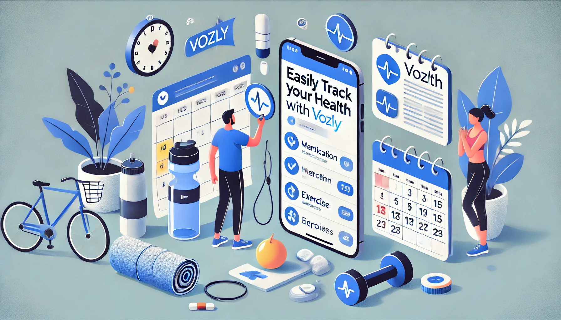 A health-focused setting illustrating a person using the Vozly app on their smartphone to manage various health tasks. The image includes elements such as reminders for medication, a water bottle, exercise gear, and a calendar with marked check-ups, all emphasizing the app's role in promoting a well-organized and healthy lifestyle through voice-activated task management