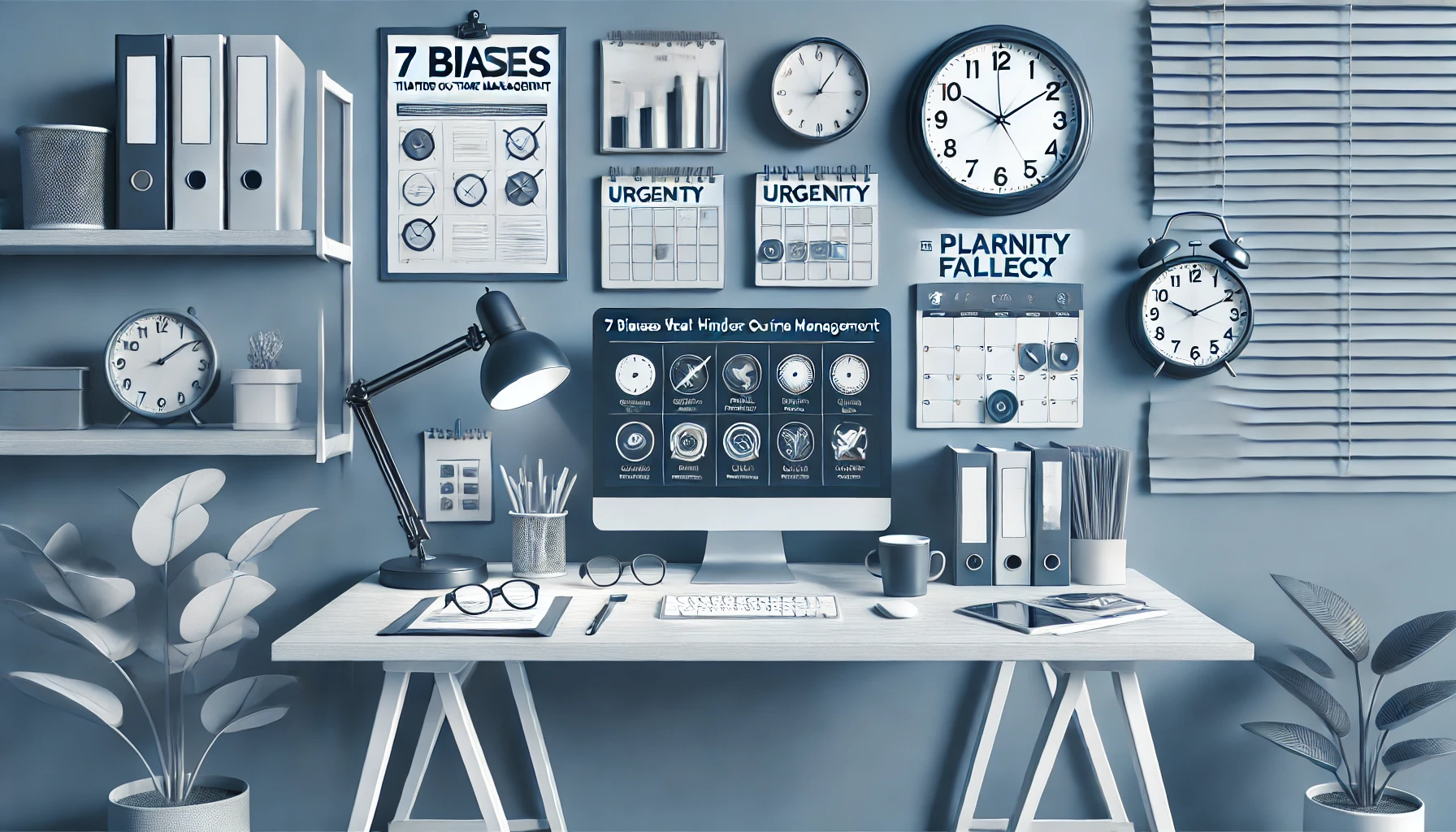 A modern and simplified workspace in monochromatic blue tones, featuring a neat desk with organized items representing cognitive biases in time management. The desk includes a stack of papers symbolizing the Zeigarnik Effect, a calendar with a few marked tasks for the Urgency Effect, and a clear clock illustrating the Planning Fallacy, conveying a serene yet focused environment for effective time management.