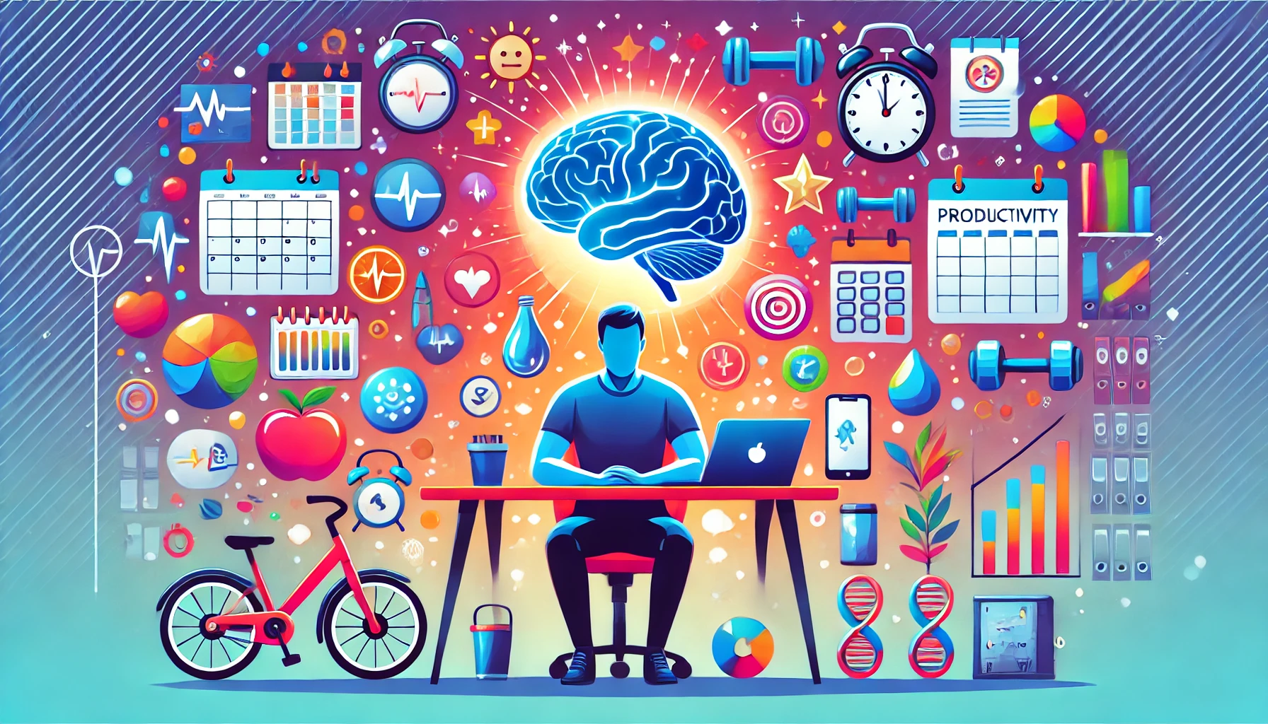 Person focusing on unlocking brain potential with various productivity and mental health icons, representing time management, exercise, and planning to Discover your brain-s potential