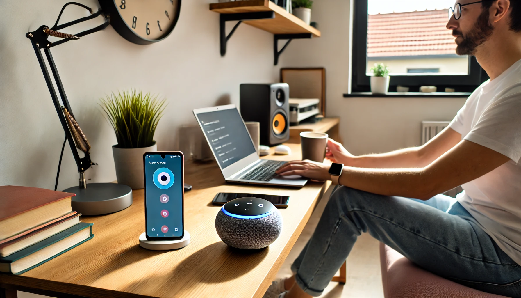 A person in casual clothes sits at a desk in a cozy home office, holding a coffee cup while working on a laptop. A smartphone with a voice assistant app open lies on the desk, helping to manage a to-do list. The workspace is well-lit with natural light, house plants, and a digital clock displaying time. The environment is modern, organized, and relaxed, promoting productivity in a remote work setup.