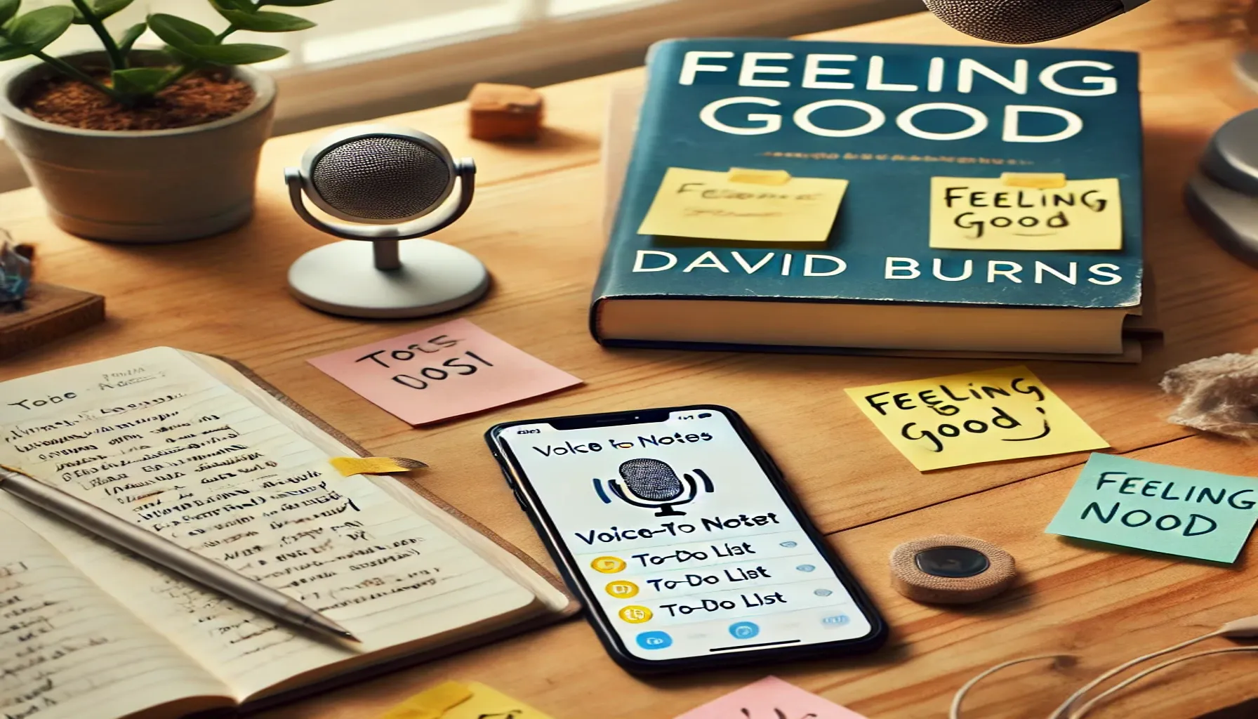 Speech to notes: a desk with sticky notes, a smartphone displaying a voice-to-notes app, and Feeling Good by David Burns, symbolizing mental clarity.