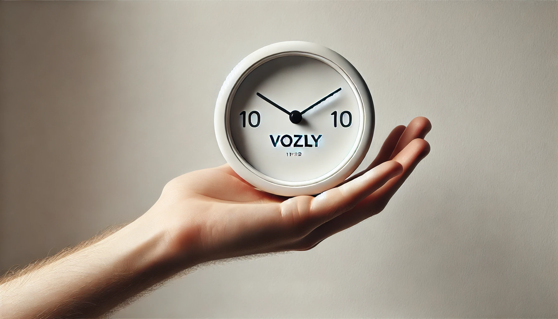 A minimalist clock featuring the Vozly logo, symbolizing productivity and time management. The clock is set to 10:10 and includes icons such as notes, checkmarks, and 'bucket list' text to emphasize a theme of organization and efficiency