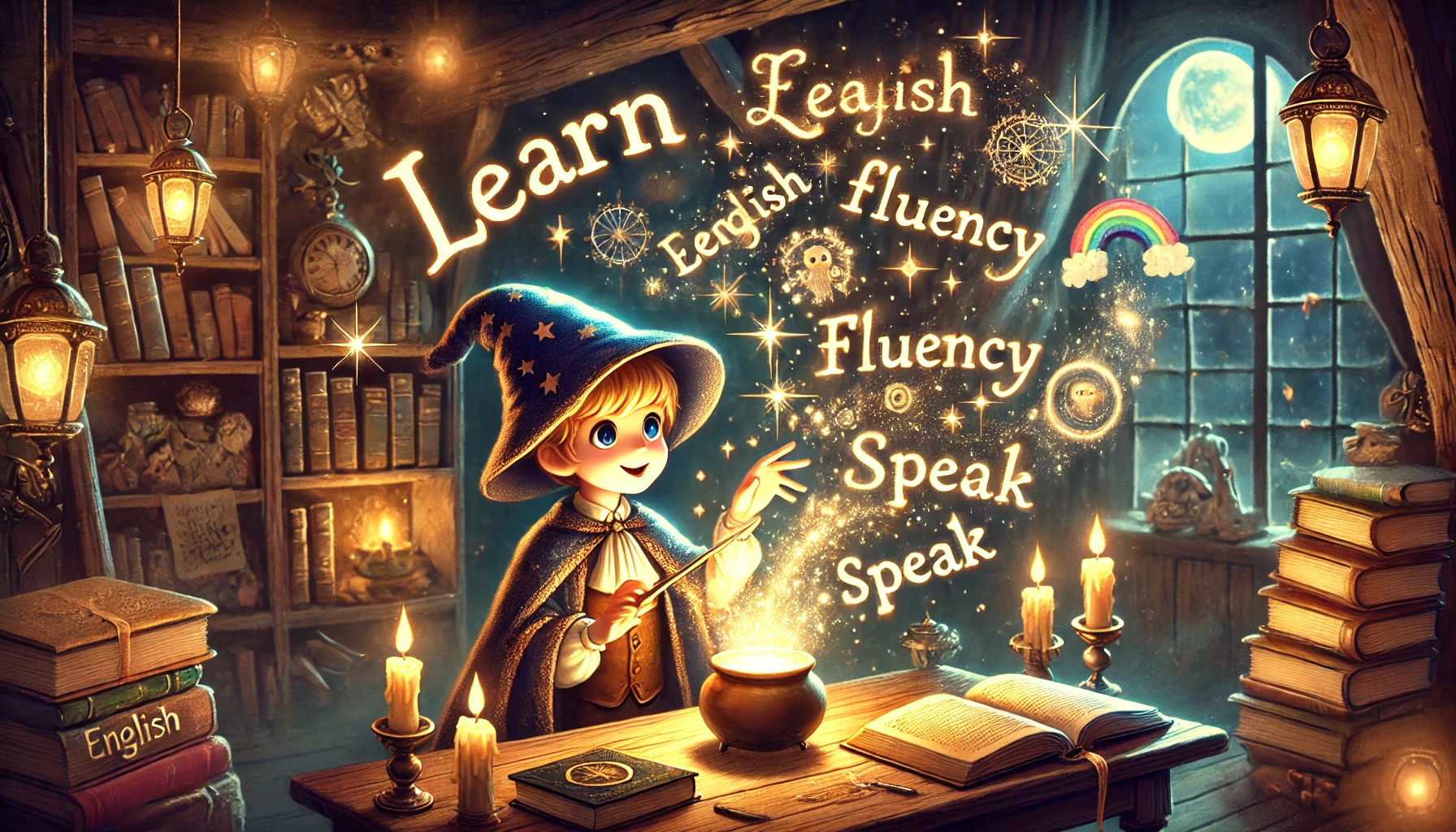 Young wizard casting a spell from a glowing jar, with English words floating out, surrounded by floating books, glowing candles, and a magical notebook in a cozy, enchanted room