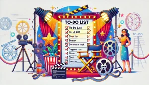 A creative illustration of a to-do list styled like a Hollywood movie set, featuring a glamorous spotlight, director’s chair, clapperboard, and film reels, symbolizing turning tasks into stars with Vozly.