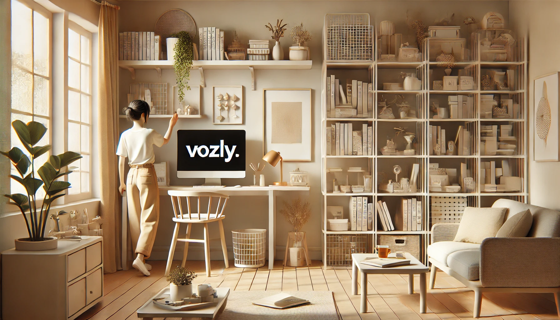 A cozy and organized living space with a person organizing books on a bookshelf and a computer displaying ‘Vozly’. Highlights minimalism and decluttering for 2025 using checklist and list marker tools.