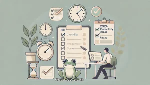 Minimalist flat design illustration representing productivity and goal achievement. Features include a checklist, progress bar, clock, and a small frog symbolizing the “eat the frog” concept for tackling challenging tasks.