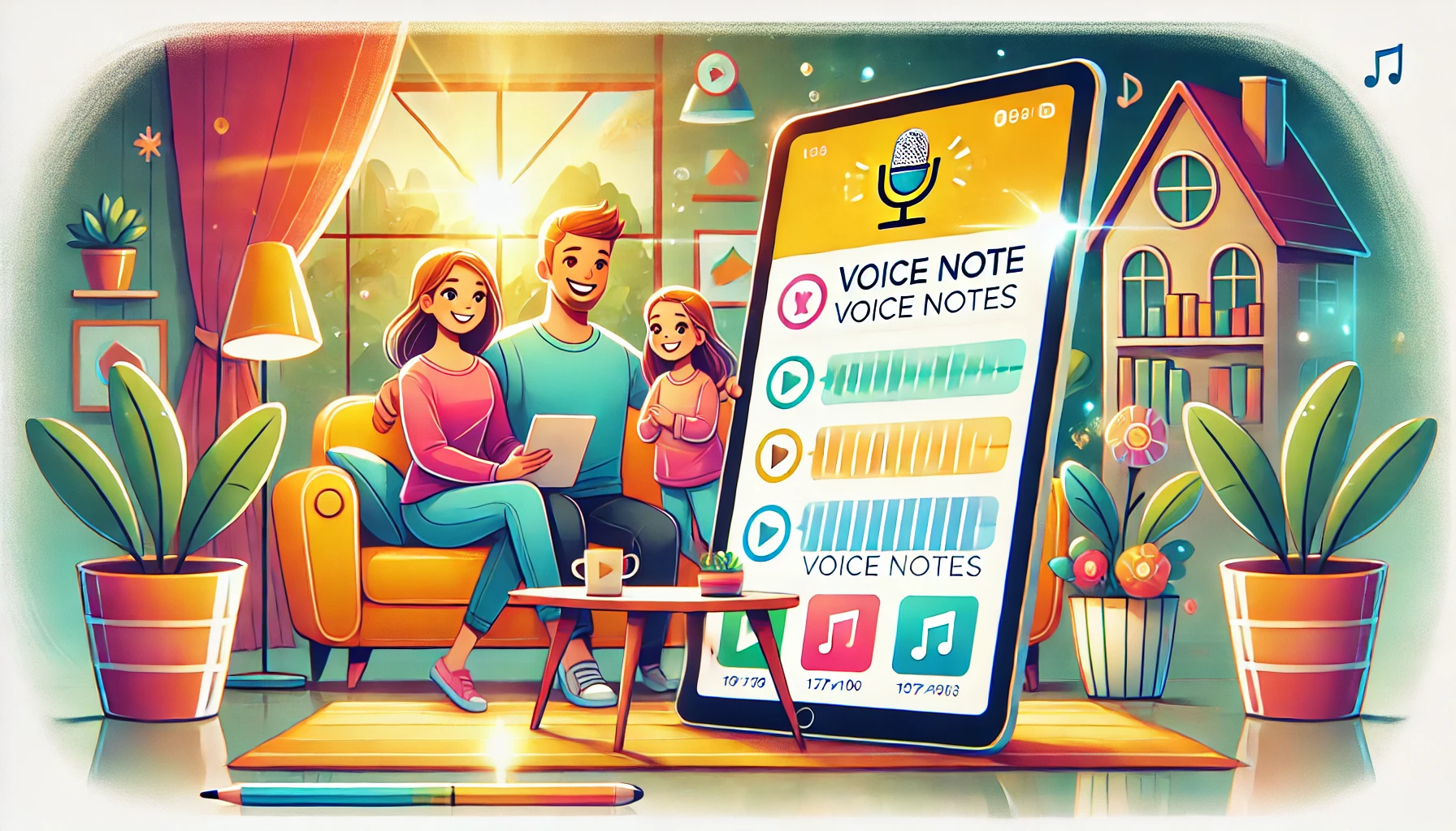 A family sitting on a cozy sofa, interacting with a voice note organization tool displayed on a digital tablet. The vibrant scene emphasizes connection, organization, and modern technology in a cheerful home setting