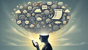 A conceptual illustration depicting ADHD management through voice memos. A person with swirling thoughts is using a phone with a voice memo app, transforming chaotic ideas into organized checklists.