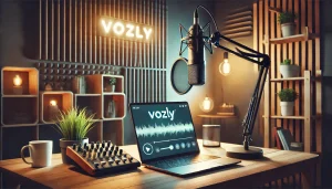 A cozy and professional podcast studio setup featuring a high-quality microphone, a laptop displaying the Vozly app, soundproof panels, and warm ambient lighting