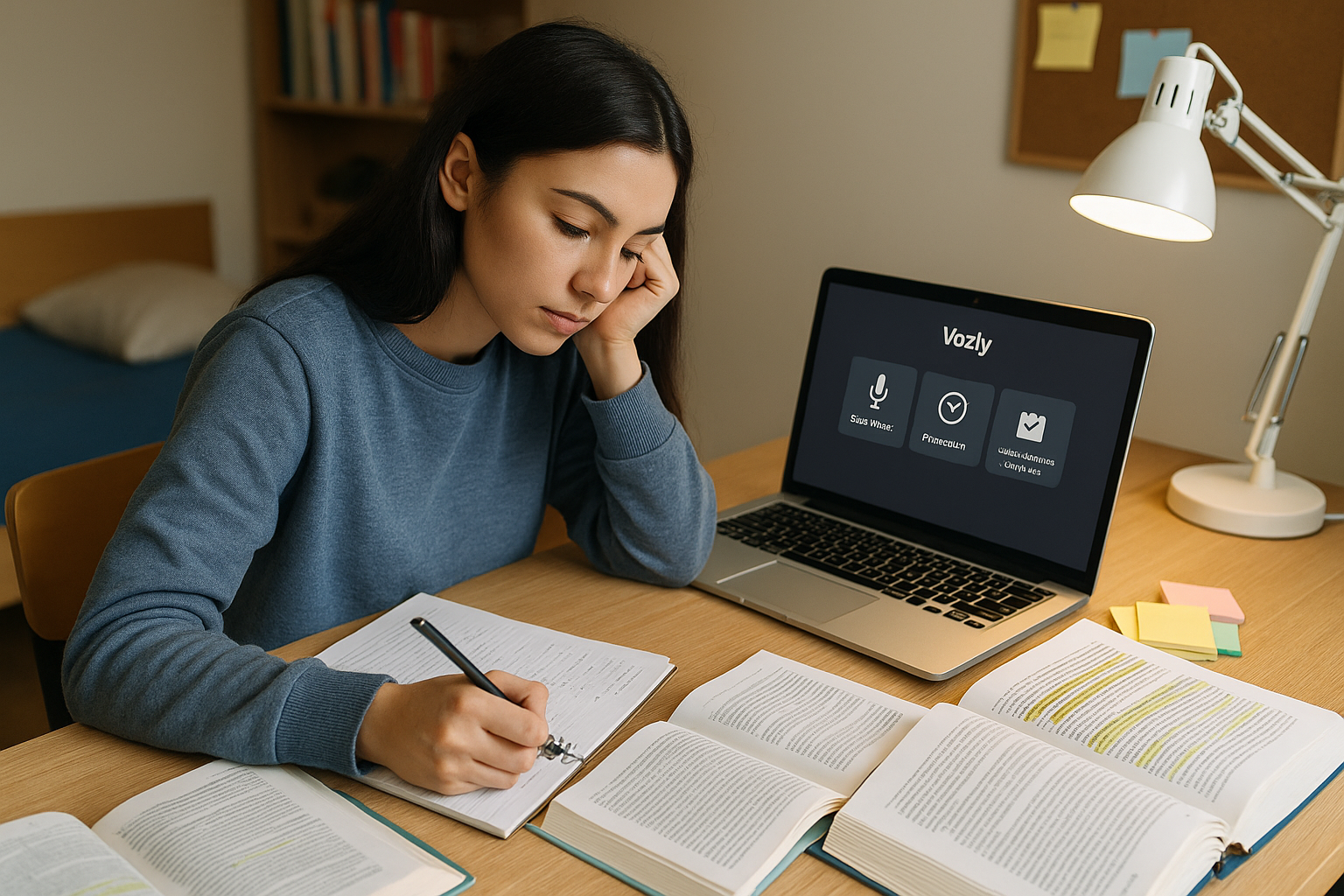 A focused young woman studying at her desk with headphones on, using a digital device and voice note app to organize her exam preparation.
