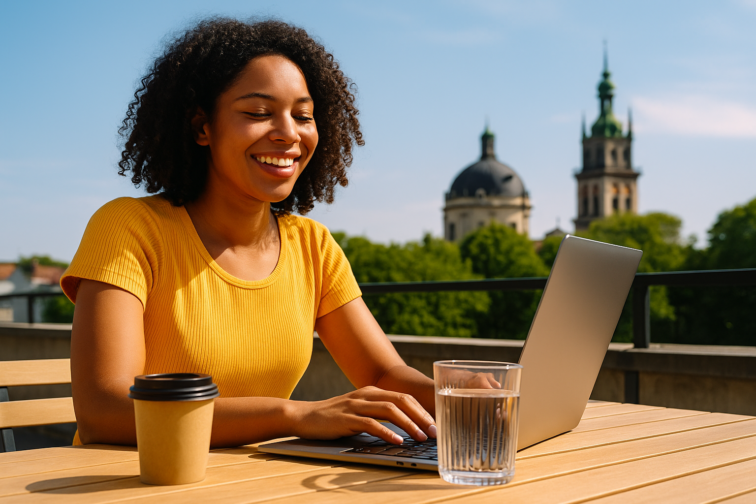 A young woman working on a laptop at a sunlit outdoor table surrounded by greenery, capturing the essence of summer productivity.
