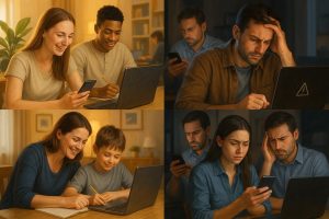 “A realistic split-screen illustration showing people happily using ChatGPT on one side and reacting with stress during an outage on the other.