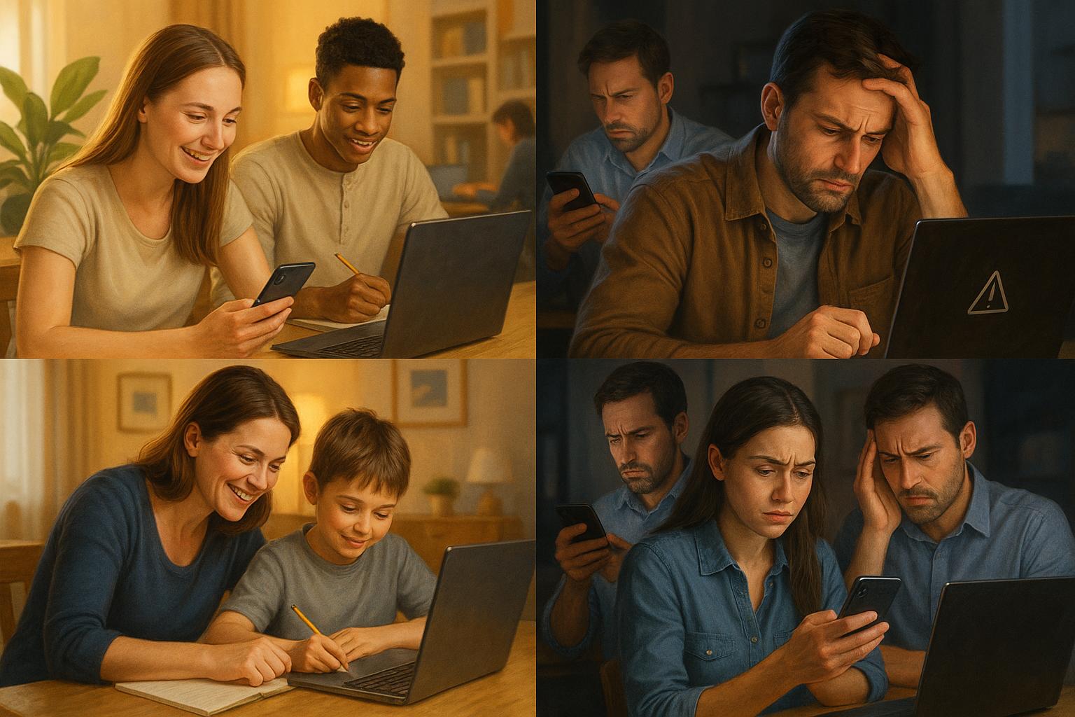 “A realistic split-screen illustration showing people happily using ChatGPT on one side and reacting with stress during an outage on the other.