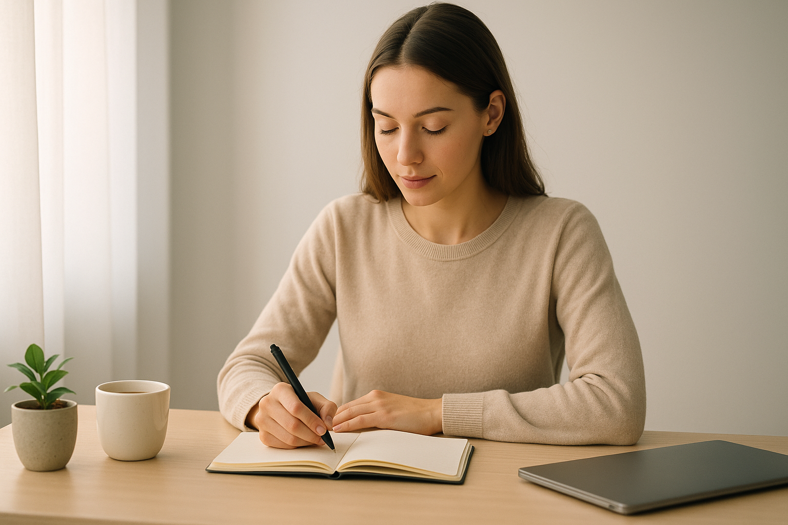 A young woman with long brown hair writes peacefully in a journal at a minimalist desk with a cup of coffee, a small plant, and a closed laptop, bathed in soft morning light.