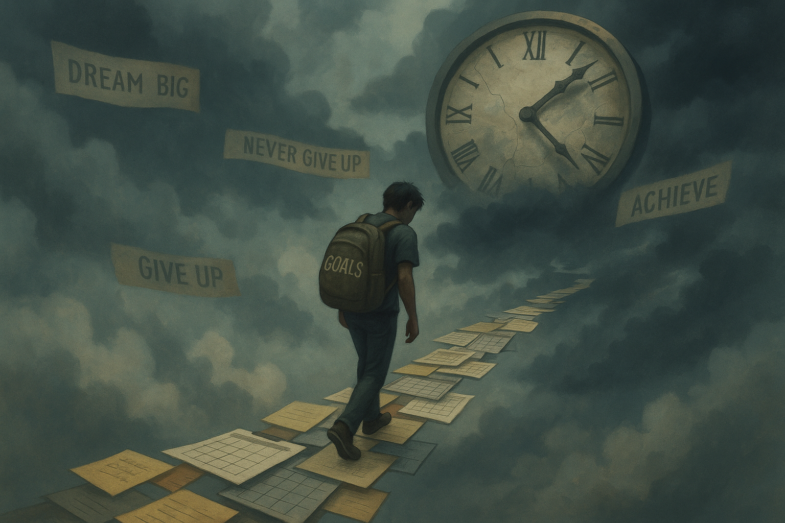 goal-fatigue-psychology — A mentally exhausted young adult sits alone at a desk late at night, surrounded by unfinished planners and scattered sticky notes, capturing the emotional toll of constant goal-chasing.