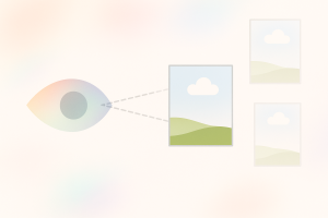 Design Psychology - A minimalist illustration of a human eye focusing on one framed landscape image while ignoring two others, representing selective visual attention.