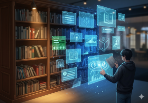 Reading Management -A creative concept art of a hybrid library—half real bookshelf, half digital holograms—showing reading-management-vozly and book habits in the modern world.