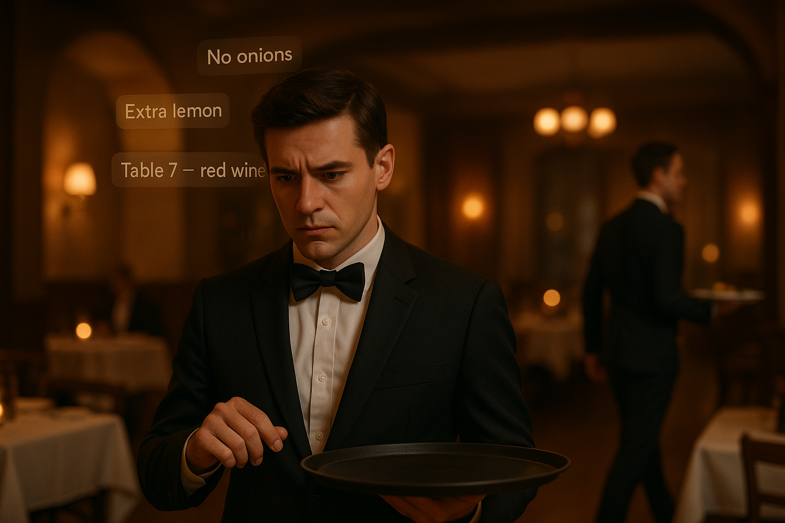 zeigarnik effect A focused waiter in a tuxedo with floating reminder notes above his head in a cozy, warmly lit restaurant.