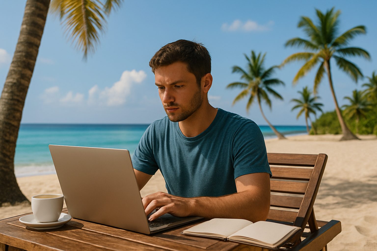 Digital Nomad Productivity on a tropical beach, remote worker focused on laptop with coffee and notebook beside palm trees and ocean view.