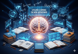 Lifelong learning as the new superpower, illustrated with a person surrounded by glowing books, digital icons, and futuristic knowledge symbols
