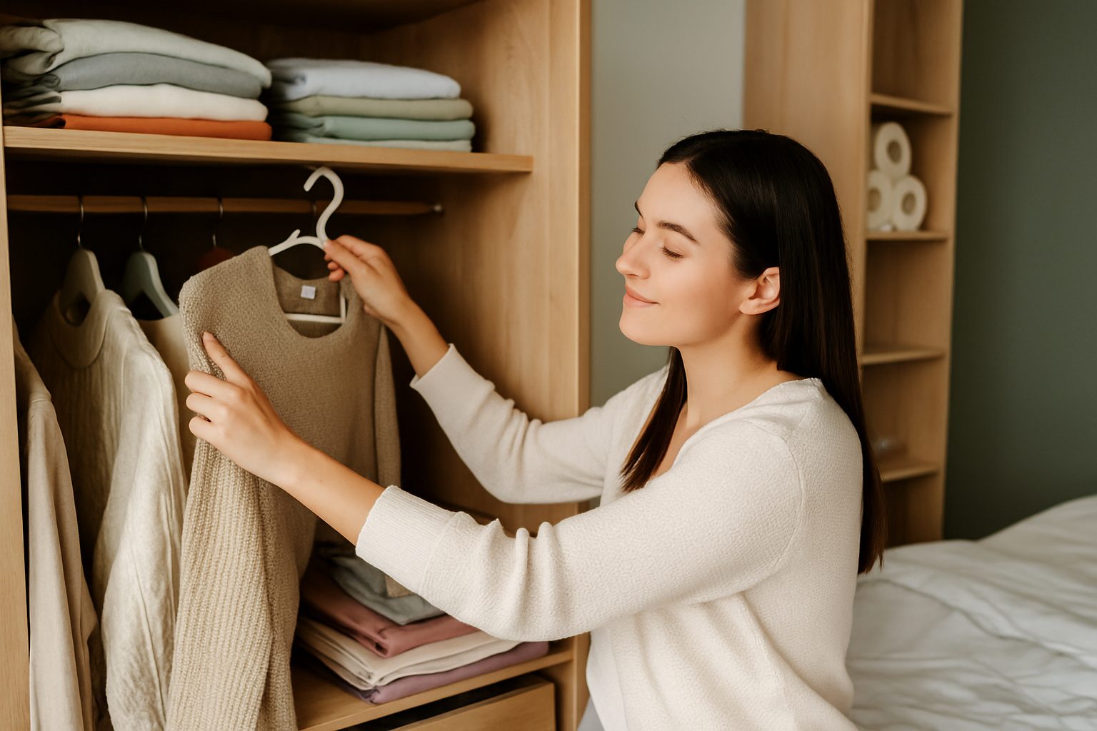 A young woman organizing her wardrobe in a calm, tidy bedroom — a realistic representation of decluttering the mind and finding inner clarity through external order.