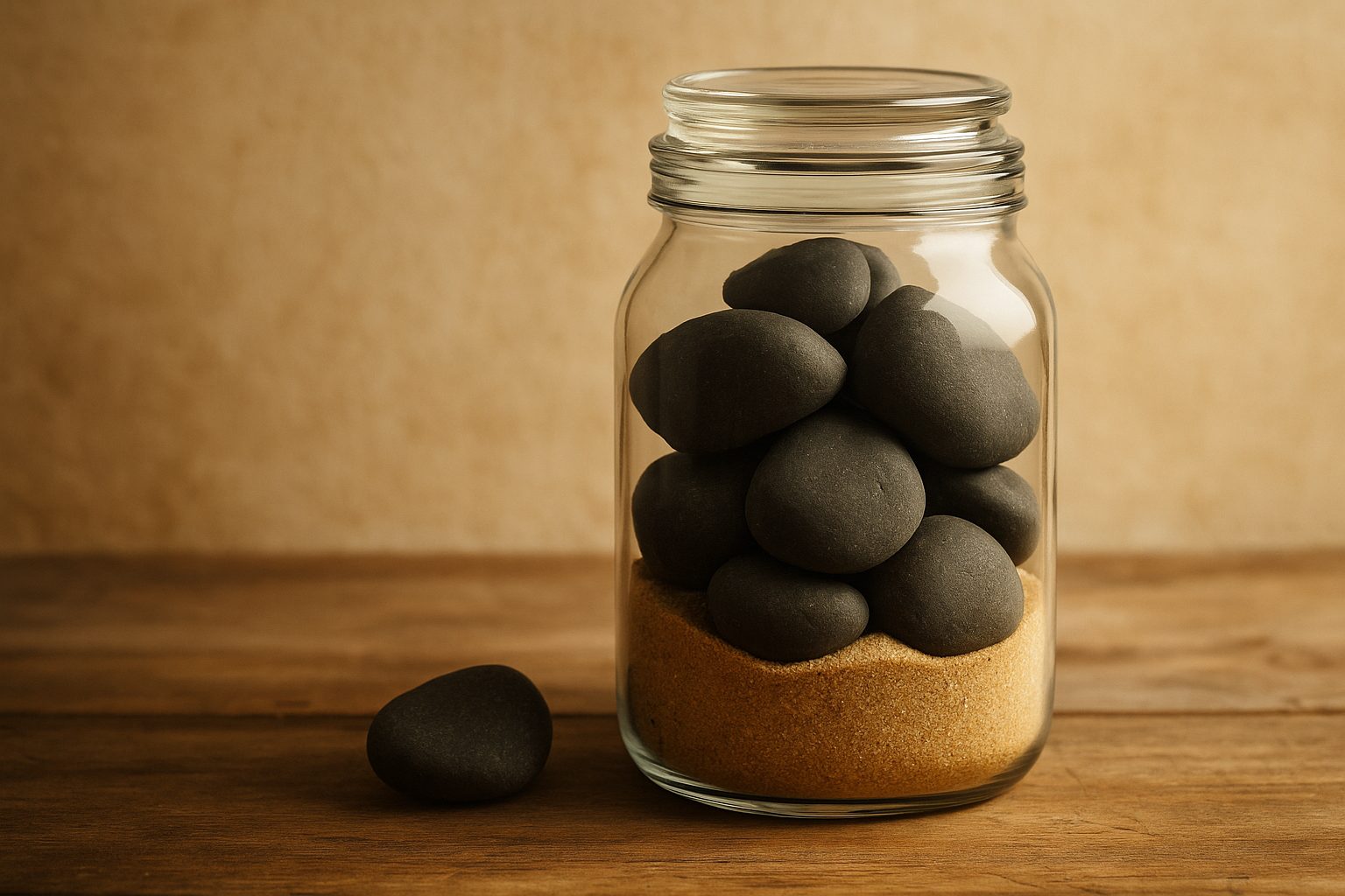 Empty Jar Theory illustration showing a clear glass jar filled with large stones and fine sand, symbolizing priorities and small daily tasks in life.