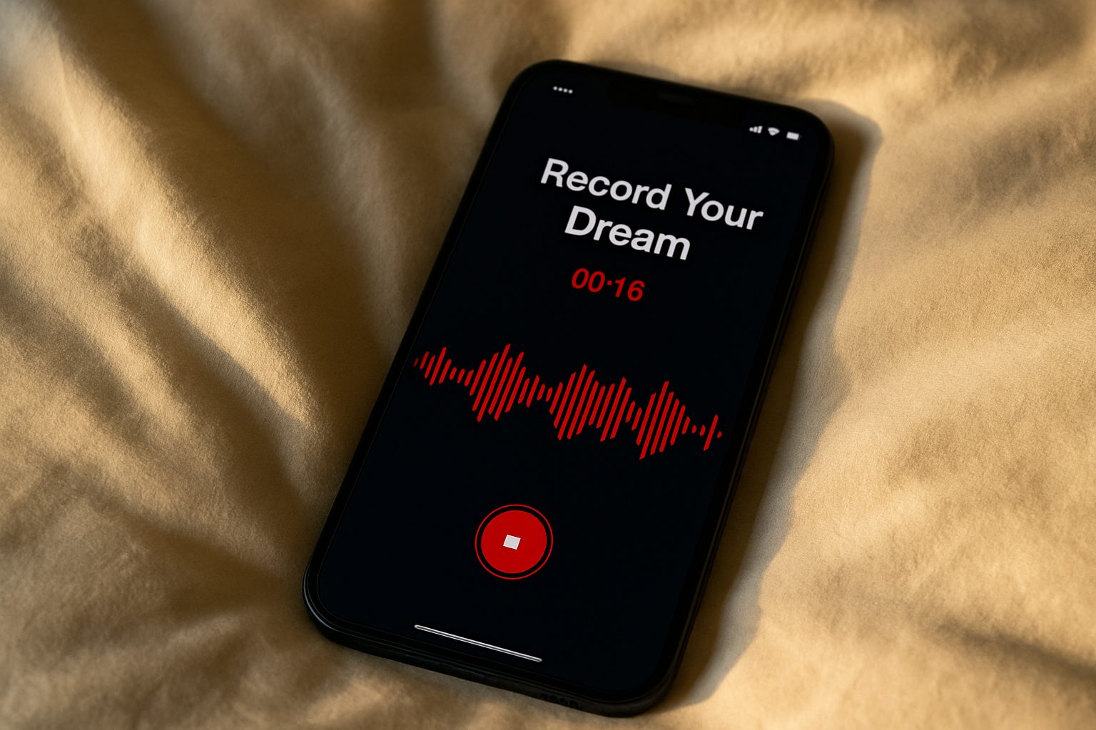 A smartphone lying on beige sheets shows the “Record Your Dream” app recording screen with a red waveform and timer.