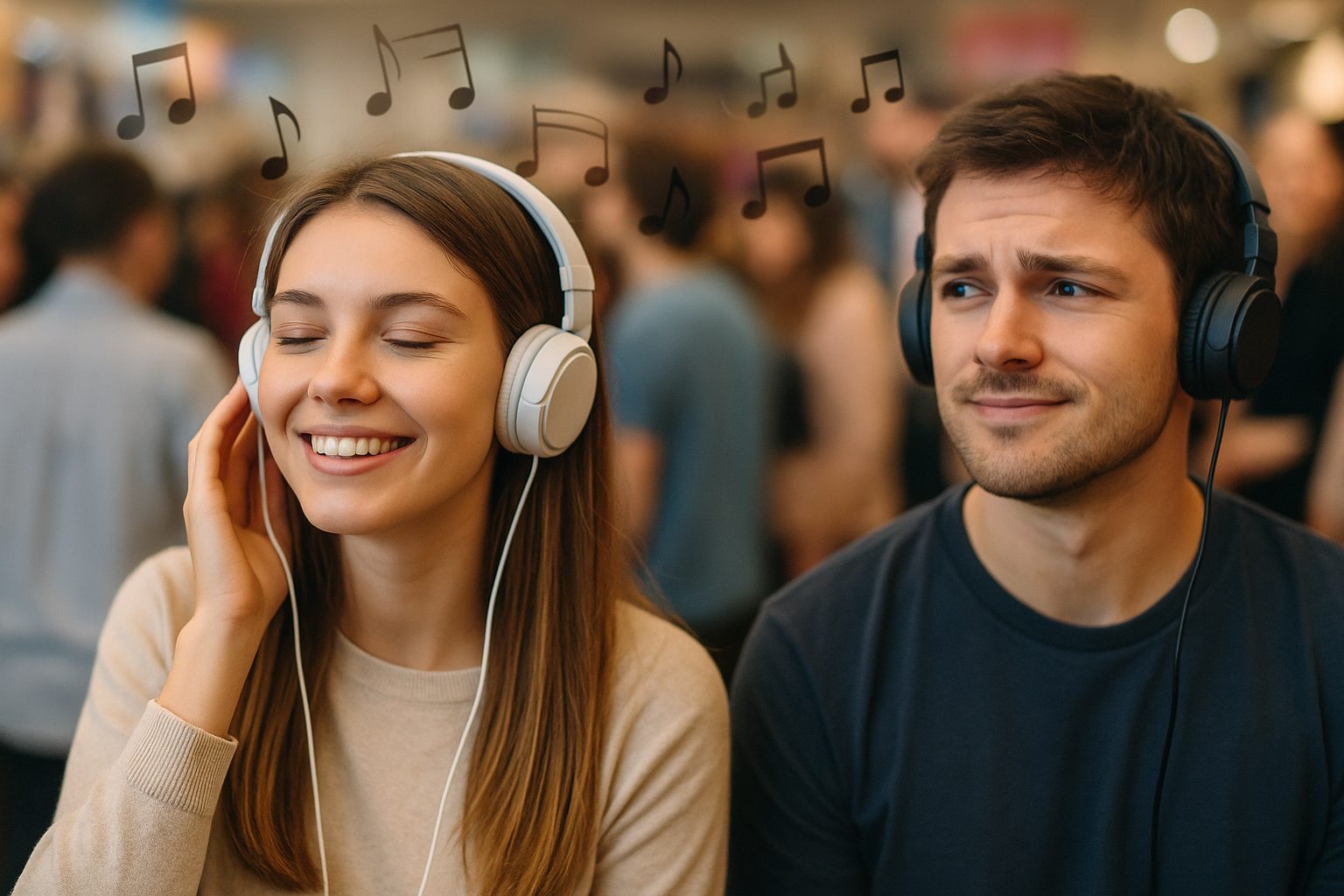 Illustration of the mere exposure effect with a girl enjoying music while a young man gradually starts liking it in a crowded environment.