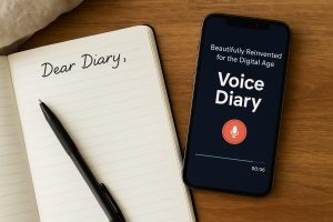 A person recording a voice diary on their smartphone at night, surrounded by a cozy, softly lit desk — symbolizing reflection, emotion, and mindful journaling in the digital age.