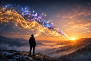 New Year habits transformation concept art showing a person using their voice to build a glowing path of productivity and dreams at sunrise.