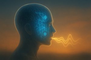 Think in English concept art showing a glowing human silhouette where chaotic thoughts transform into organized golden pathways through sound waves.