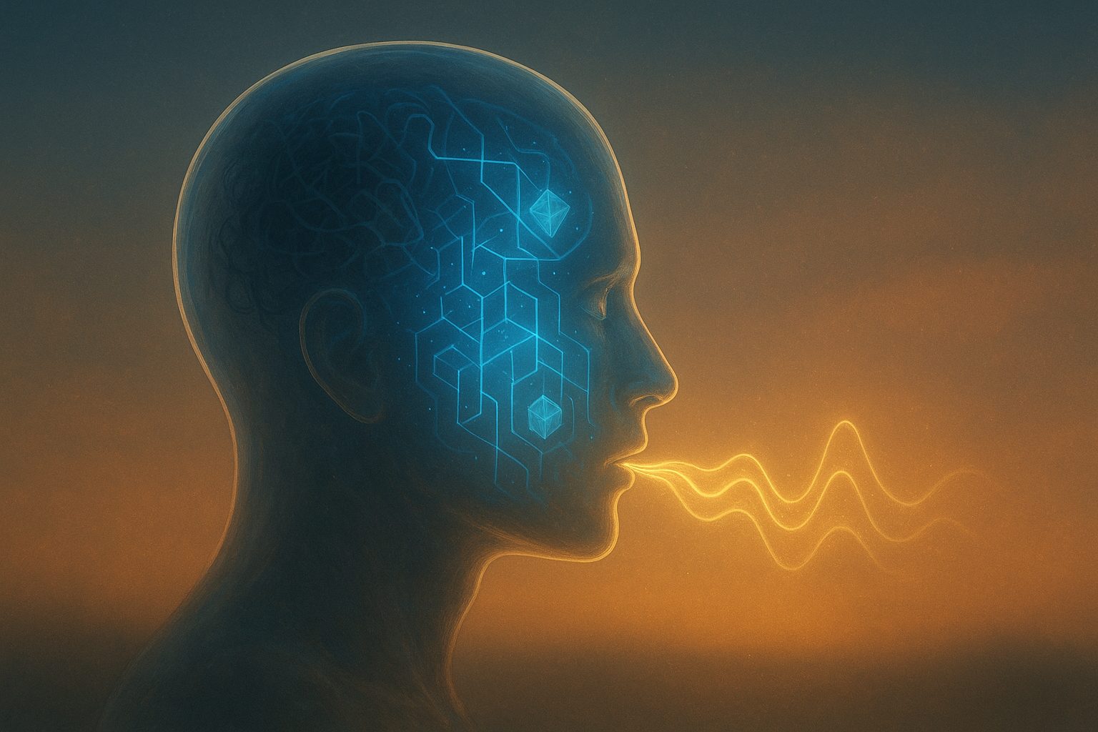 Think in English concept art showing a glowing human silhouette where chaotic thoughts transform into organized golden pathways through sound waves.
