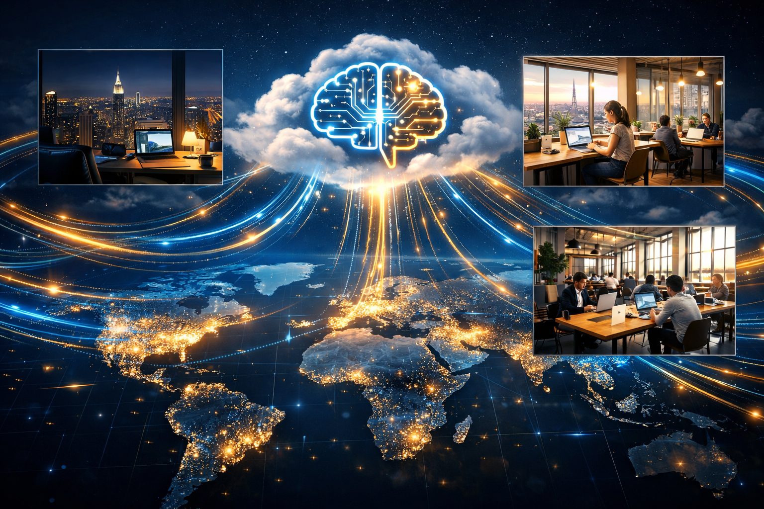 AI for remote teams: A cinematic global map showing remote workspaces in New York, Tokyo, and Berlin connected by blue and gold data streams flowing into a central AI brain in the cloud.