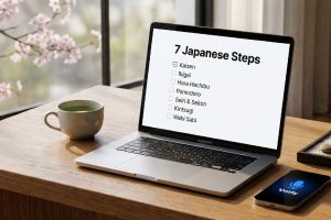 A professional, Zen-inspired workspace illustrating the 7 steps of the Japanese Cure for Laziness for better productivity.