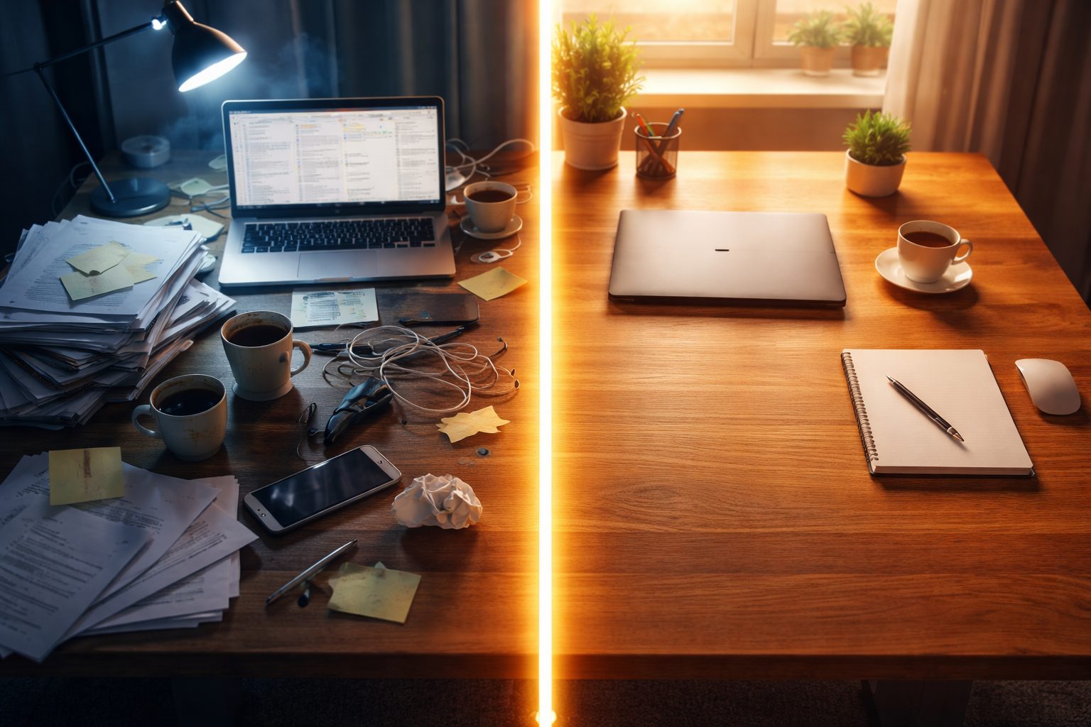 Daily Productivity Boundaries: 7 Proven Ways to Stop Burnout — split workspace image showing a glowing golden line dividing a cluttered, stressful desk on the left from a calm, minimal workspace on the right, symbolizing healthy boundaries and focused productivity.