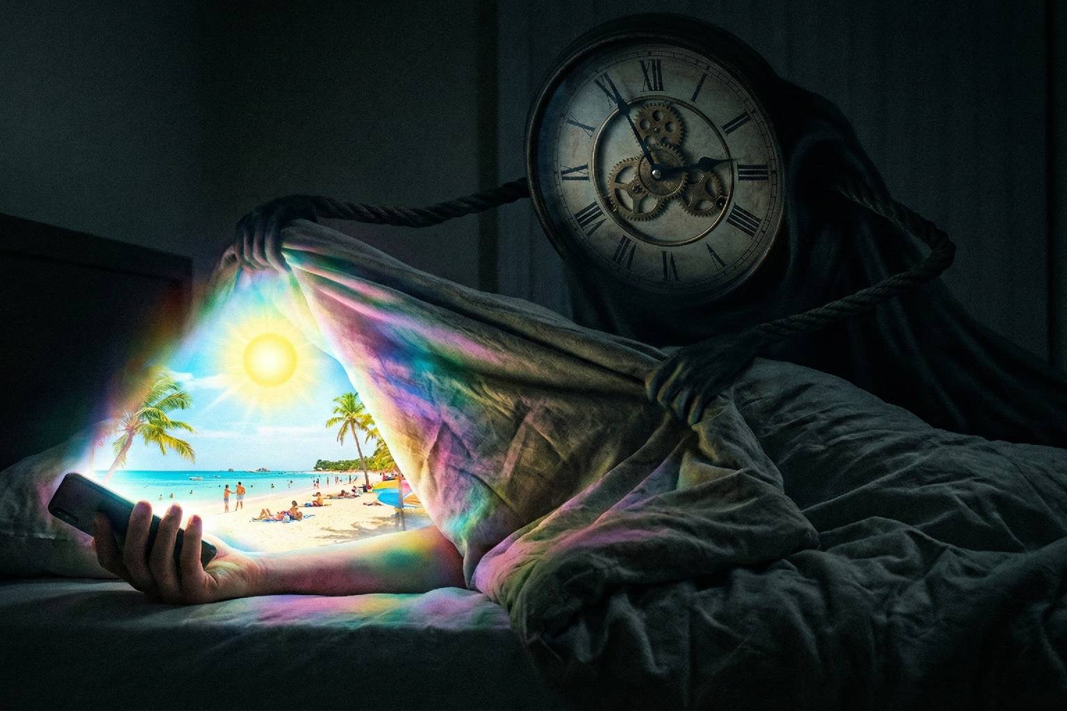 Revenge Bedtime Procrastination: A tired person scrolling their phone in a dark bedroom at 2 AM.