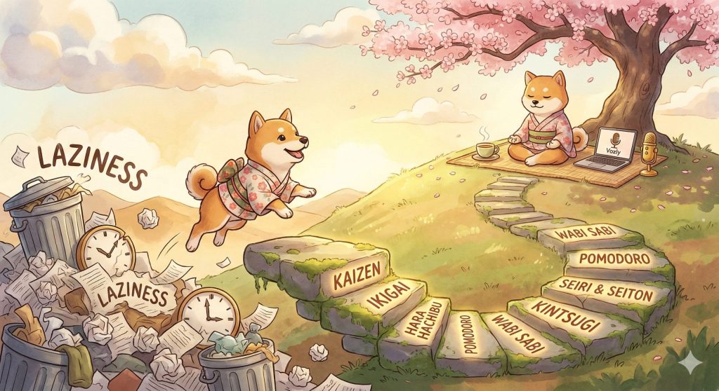 Illustration showing a Shiba Inu dog applying the Japanese Cure for Laziness by stepping on stones labeled Kaizen and Ikigai towards productivity with Vozly.